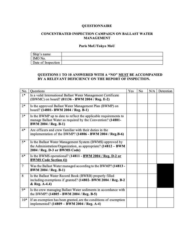 Paris MoU Concentrated Inspection Campaign on Ballast Water Management checklist — click to open full size