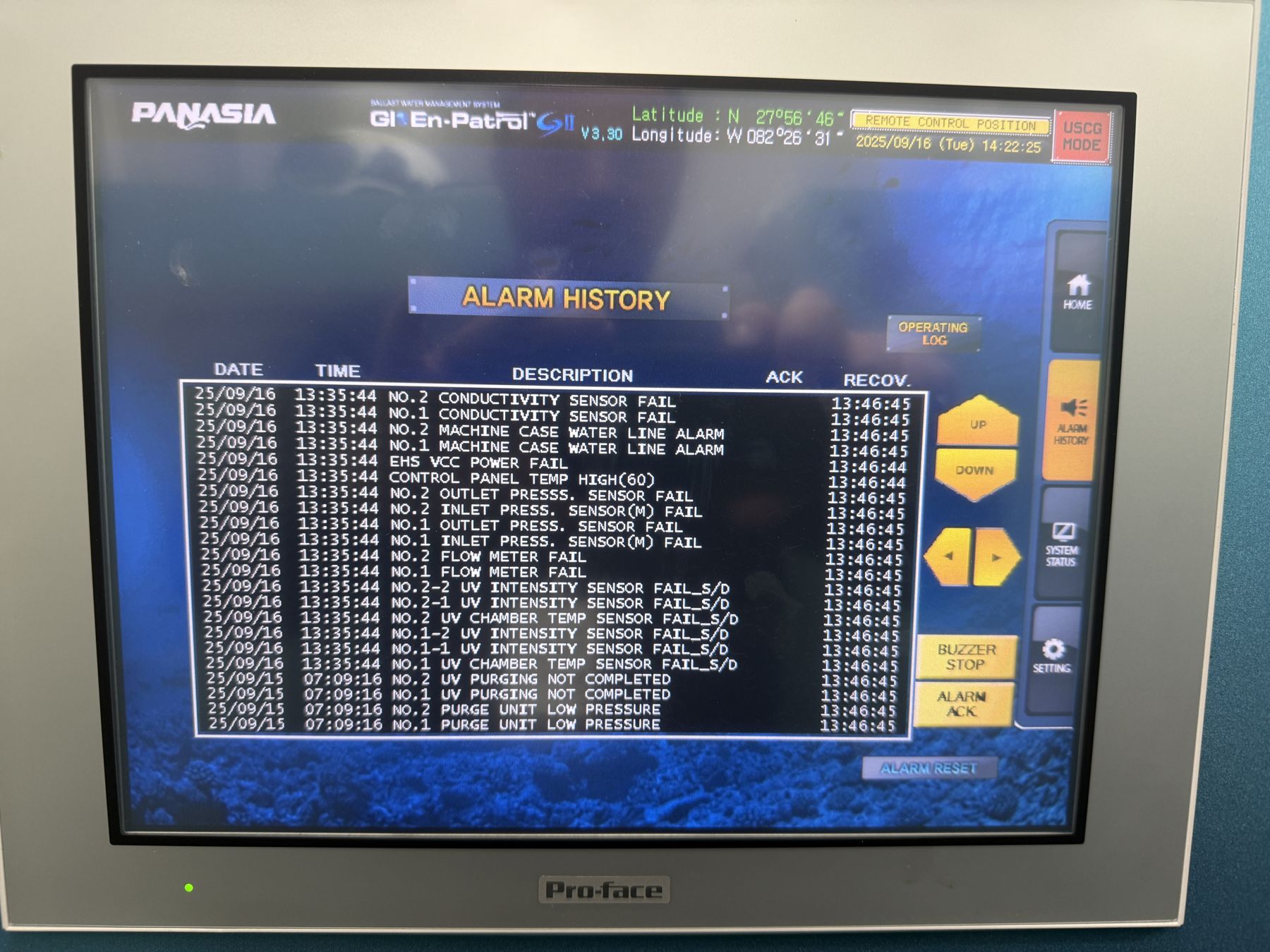 BWMS panel showing the alarm history from failed treatment attempts